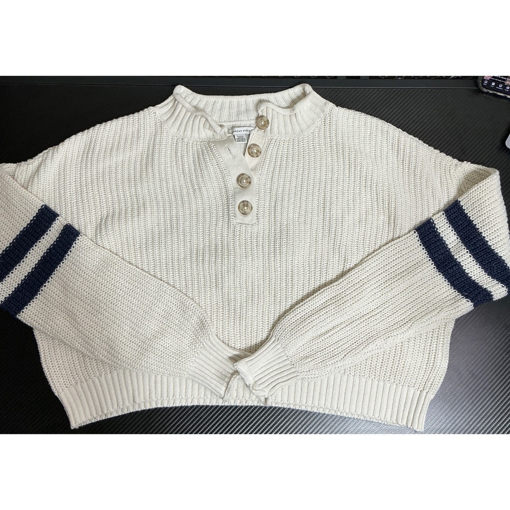 Cream Henley Cropped Chunky Knit Sweater Small Nautical Preppy Coastal